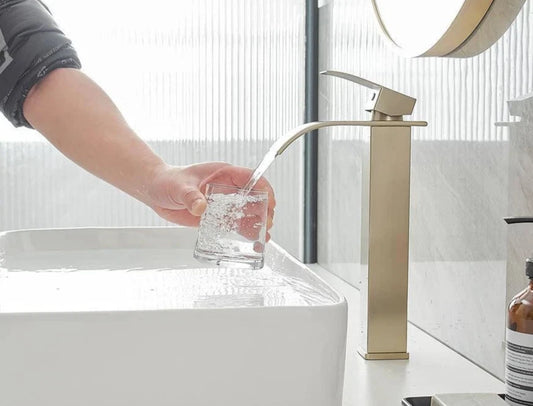 BWE Bathroom Vessel Sink Faucet Single Hole - Handle Supply Hose Brushed Gold