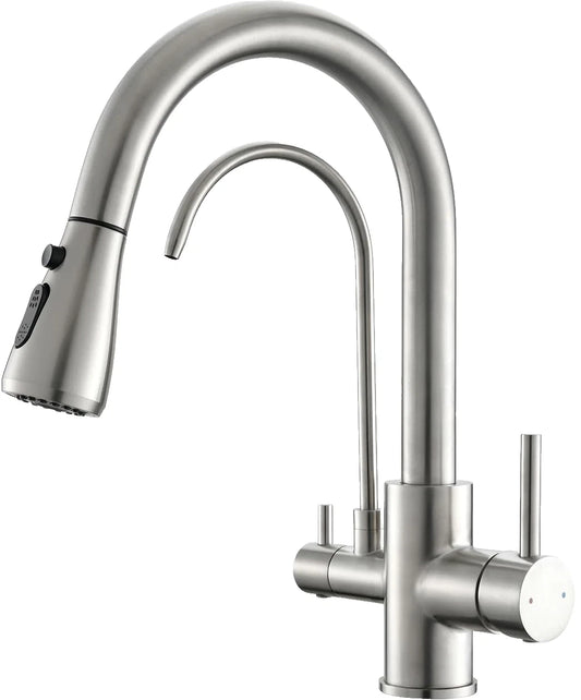 Kitchen Sink Faucet Pull Down Sprayer 2 Handle Drinking Water Faucet Brushed NIC
