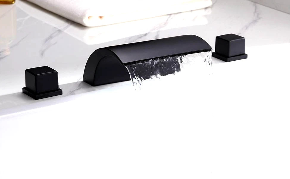 Roman Tub Facet 3 Hole Waterfall Sink Curved Two Handle Deck Mount Matte Black